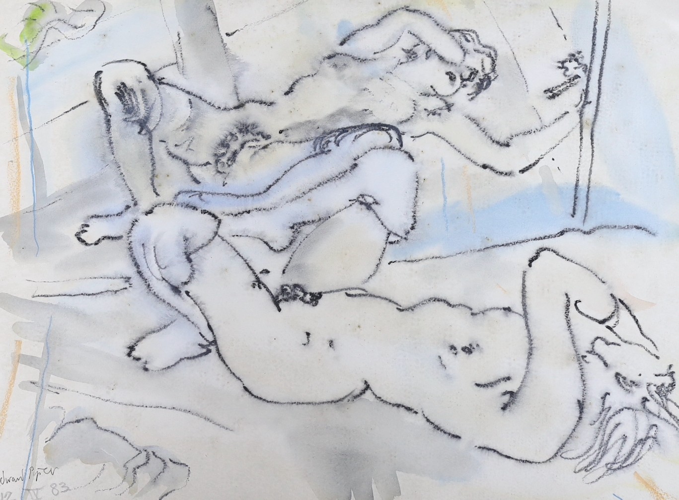 Edward Piper, charcoal and pastel on paper, a study of a recumbent figure gazing in their mirror reflection, signed